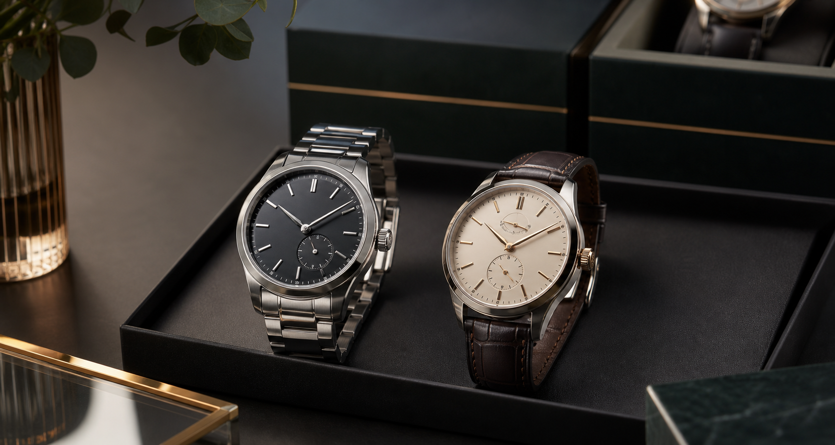 Two premium wristwatches displayed in a watch tray